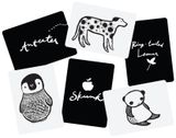 Veľké kartónové kartičky s čiernobielym motívom zvieratiek pre rozvoj dieťaťa. V balení je 6 ks kartičiek s motívom: tučniak, kosatka, lemur, skunk, panda a zebra.